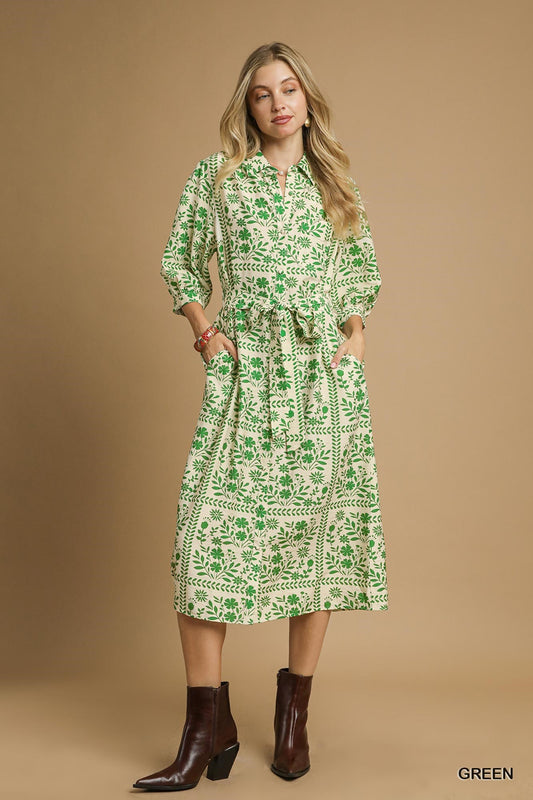 Sincerely Me Button Front Floral Dress - Green