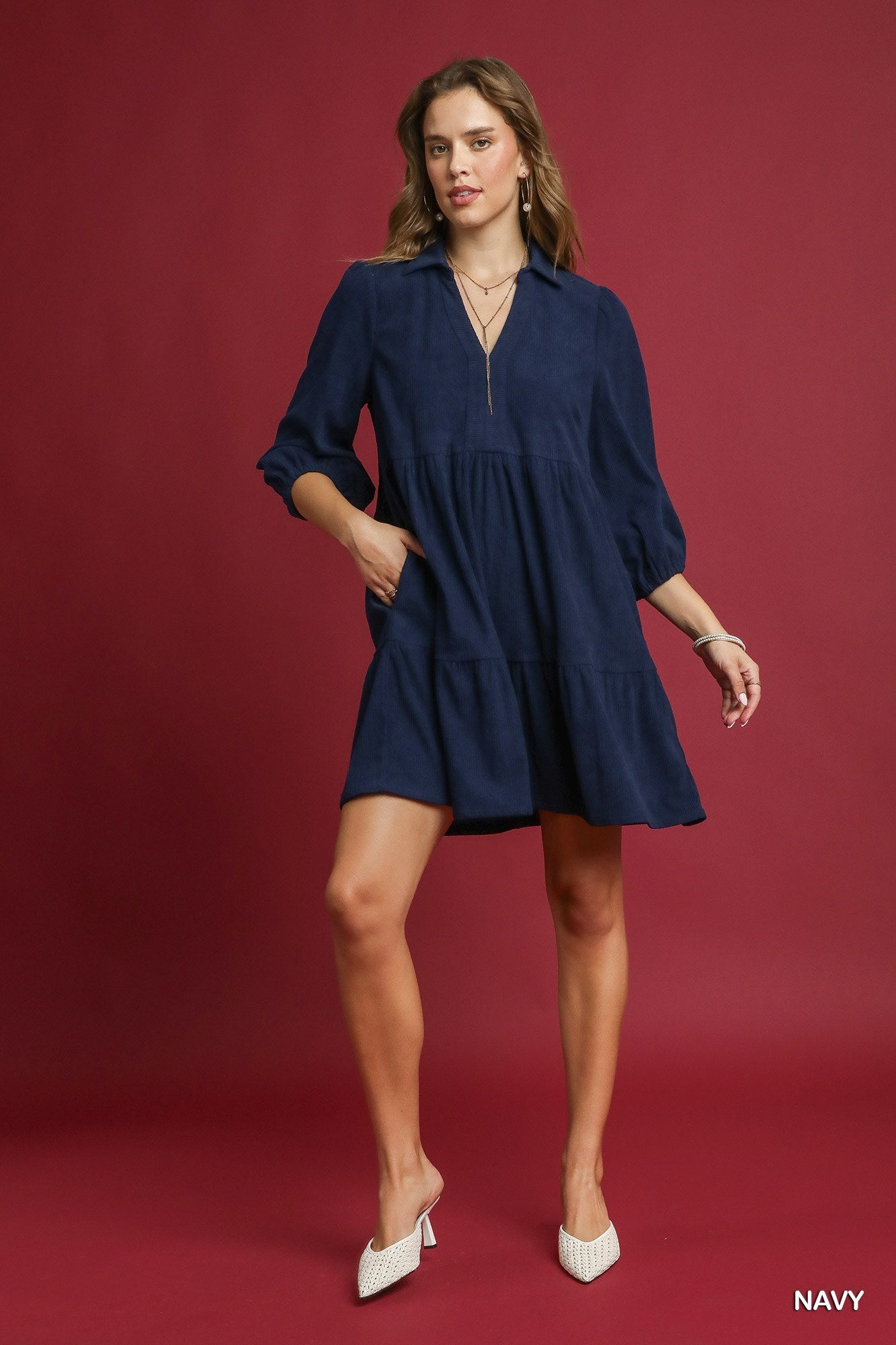 Charming Grace Corduroy Dress - Navy