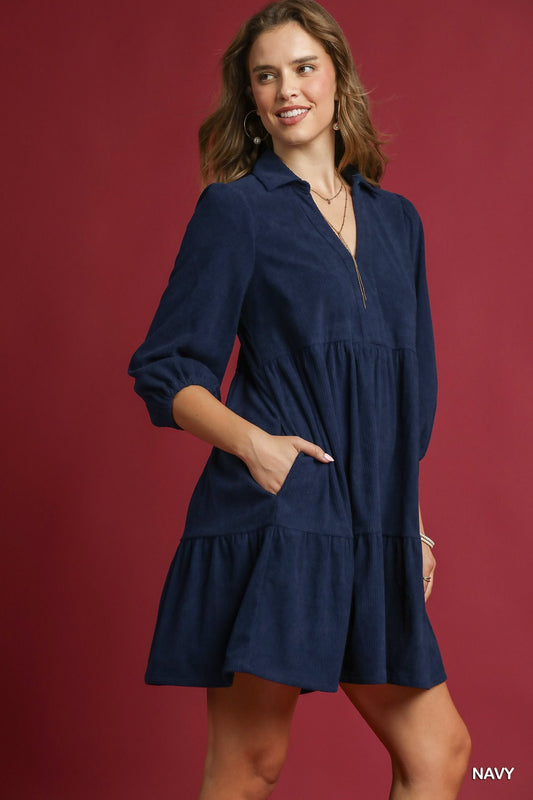 Charming Grace Corduroy Dress - Navy