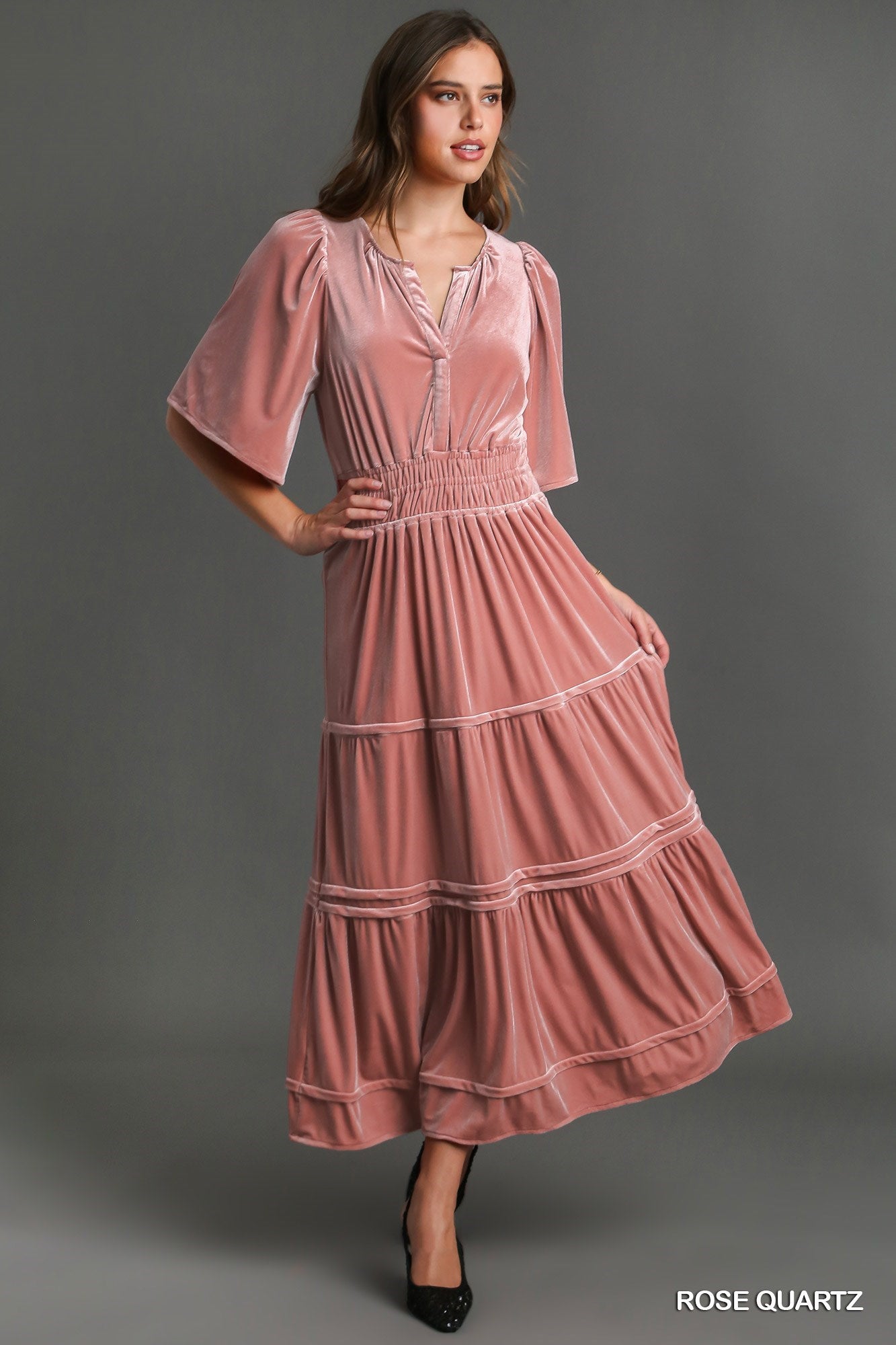 Bliss Velvet Tiered Maxi Dress (Rose Quartz) Delta Swanky Girl Bliss Velvet Tiered Maxi Dress (Rose Quartz) Delta Swanky Girl