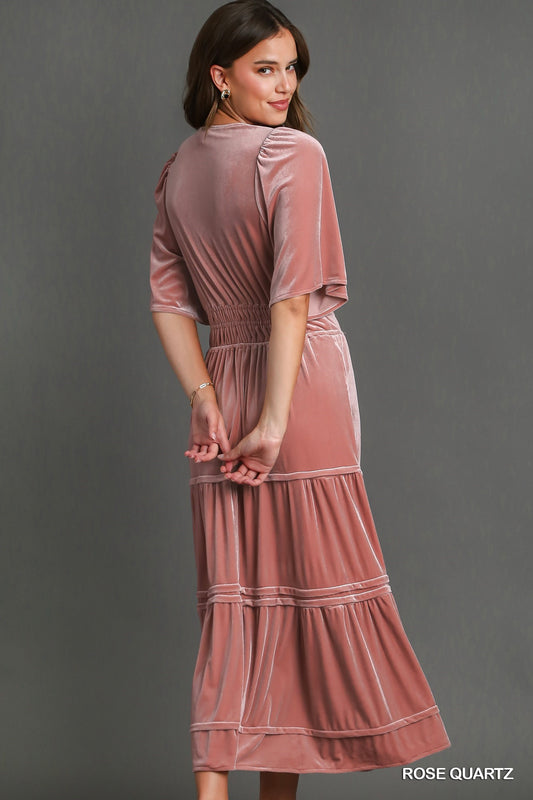 Bliss Velvet Tiered Maxi Dress (Rose Quartz)