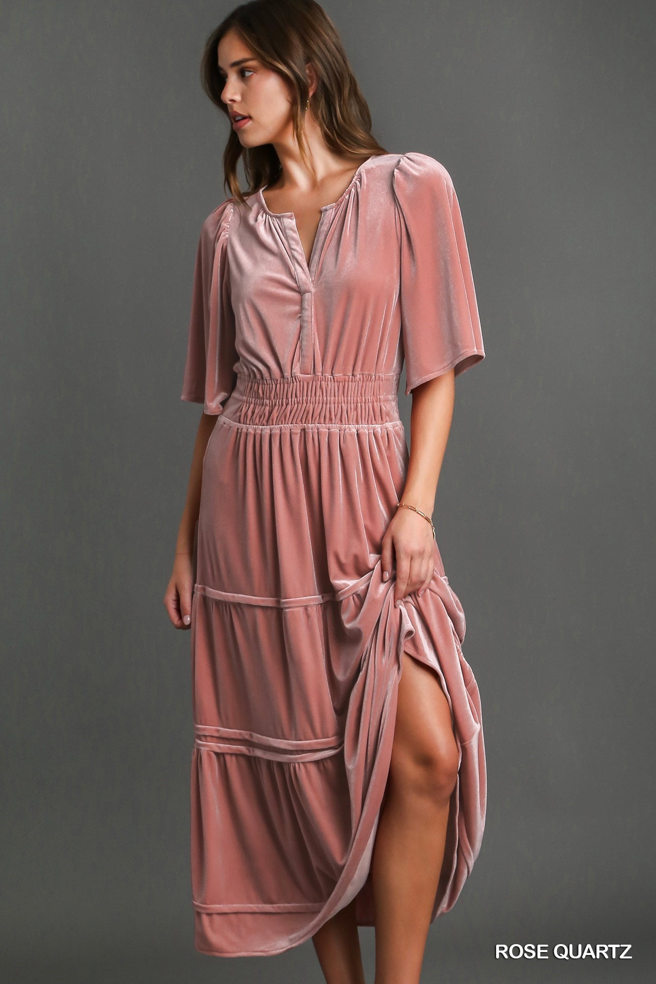 Bliss Velvet Tiered Maxi Dress (Rose Quartz)
