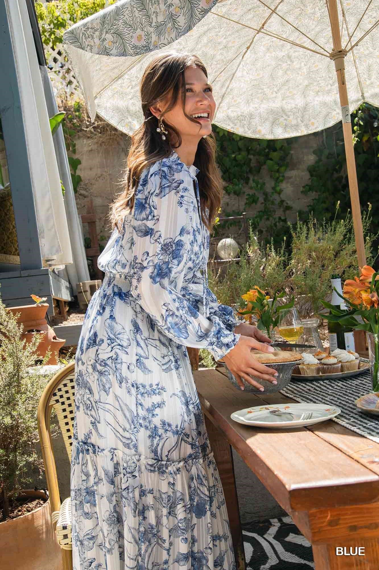 Vineyard Floral Maxi Dress (Blue + White)