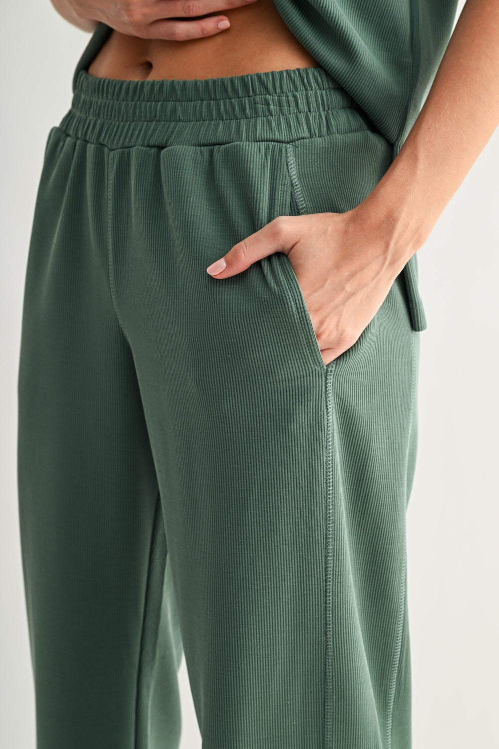 The Elder Green Ribbed Lounge Set | Cropped Sweatshirt & Wide Leg Pants Set
