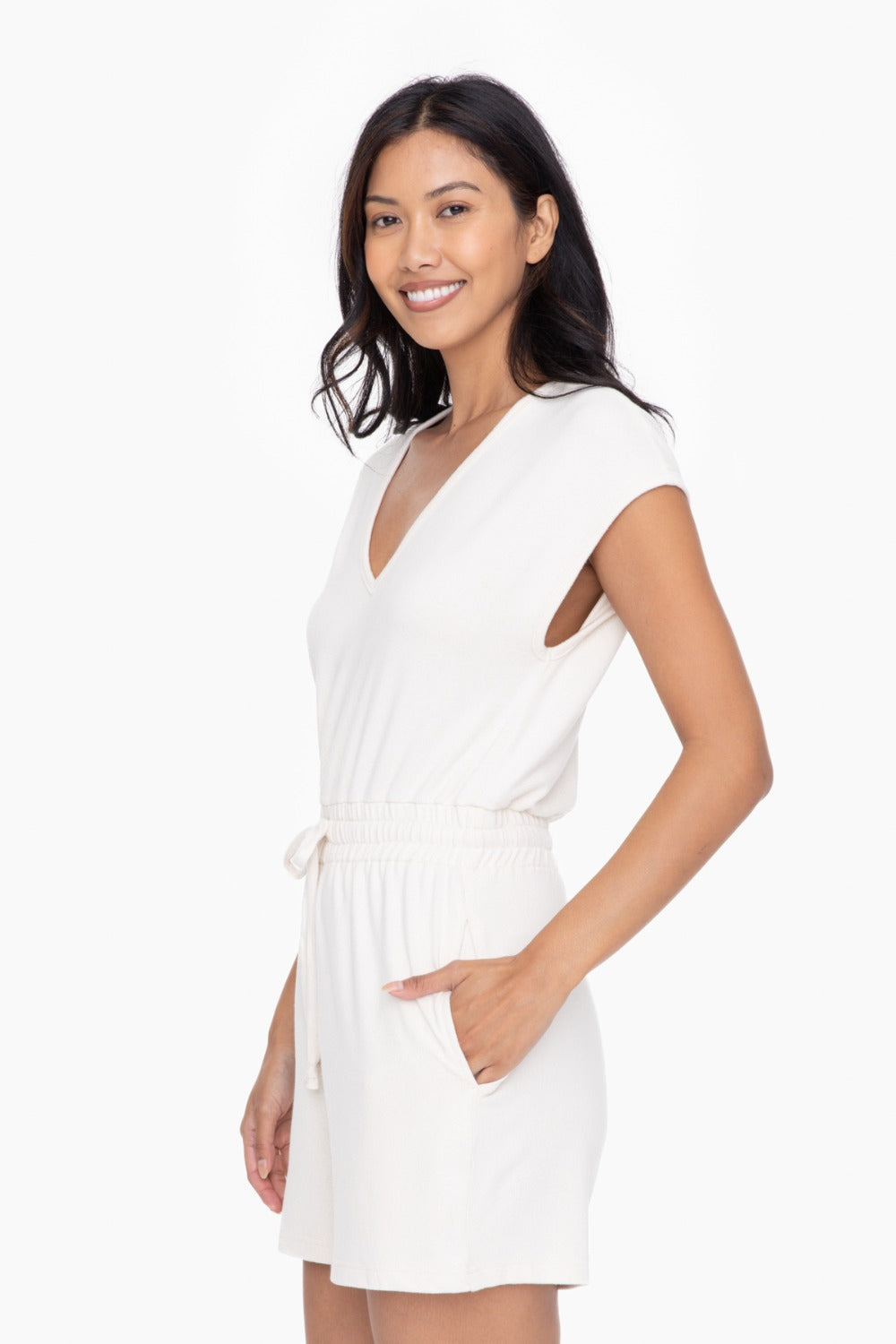Luna Brushed V-Neck Romper - Natural - Delta Swanky Girl