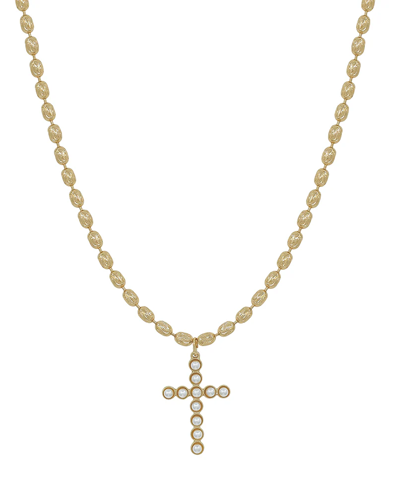 Pearl Cross Textured Necklace - Gold