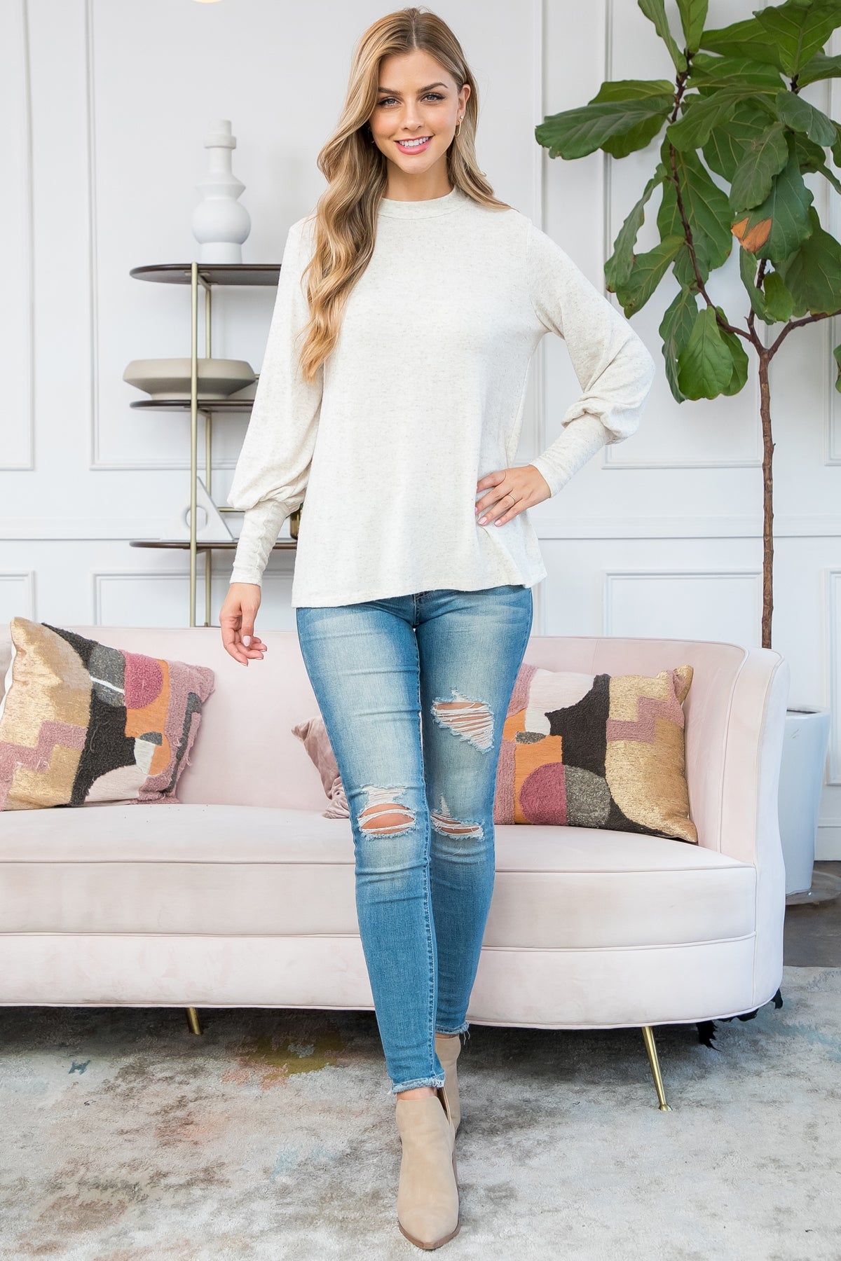 Curvy Belle Rose Mock Neck Top (Oatmeal)