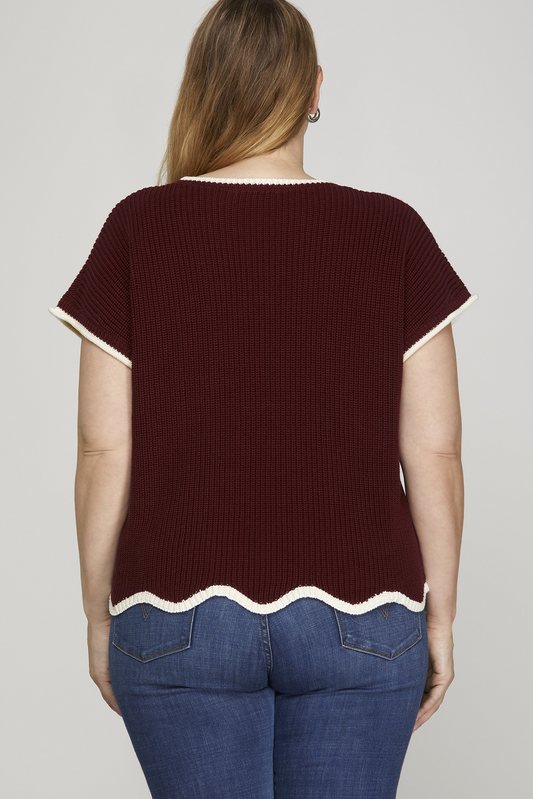 Curvy Game Changer Scallop Sweater - Garnet