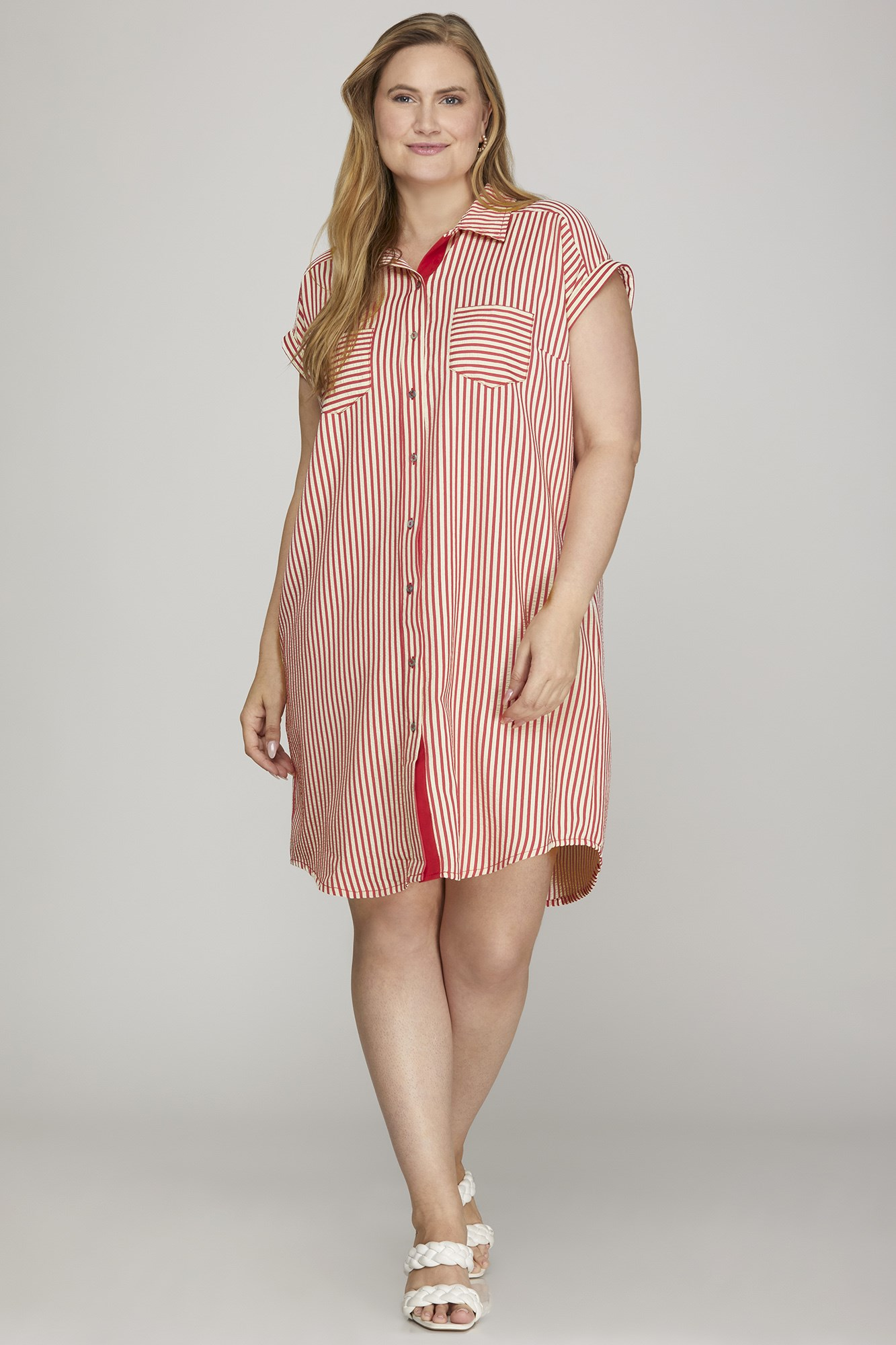 Curvy Carter Stripe Shirt Dress - Red