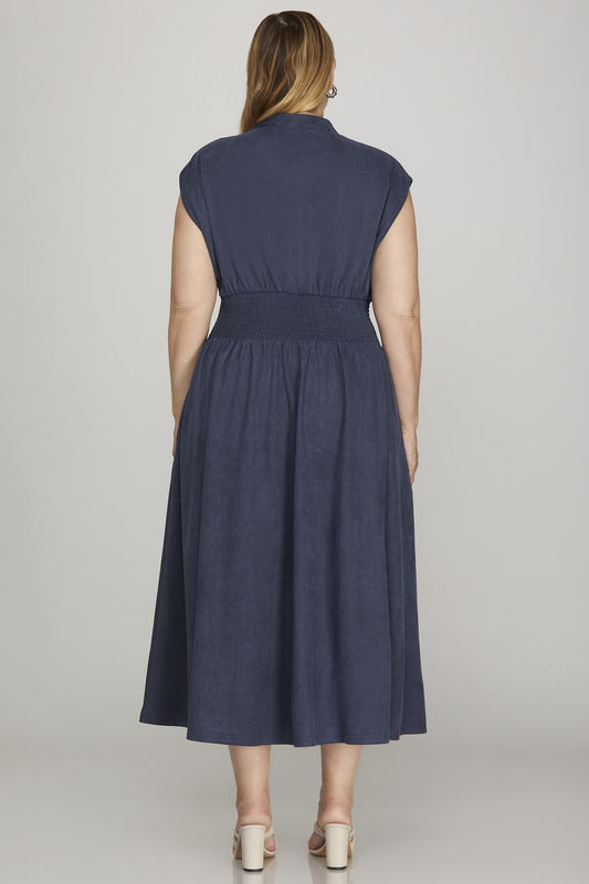 Curvy Belle Zip Front Suede Midi Dress - Denim Blue