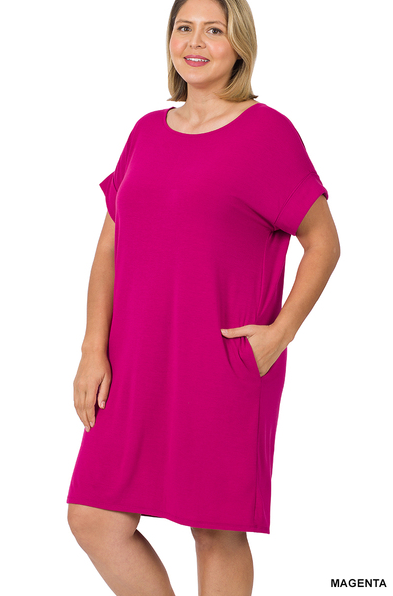 Curvy Last Dance Rolled Sleeve Dress (Magenta)
