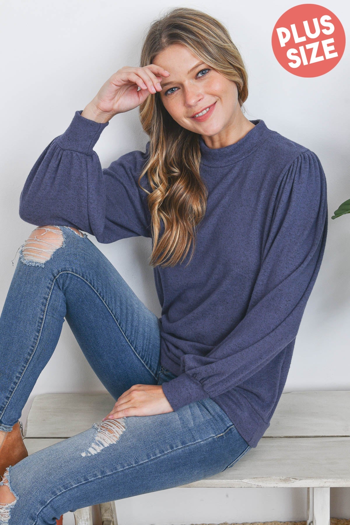 Curvy Belle Rose Mock Neck Top (Navy)