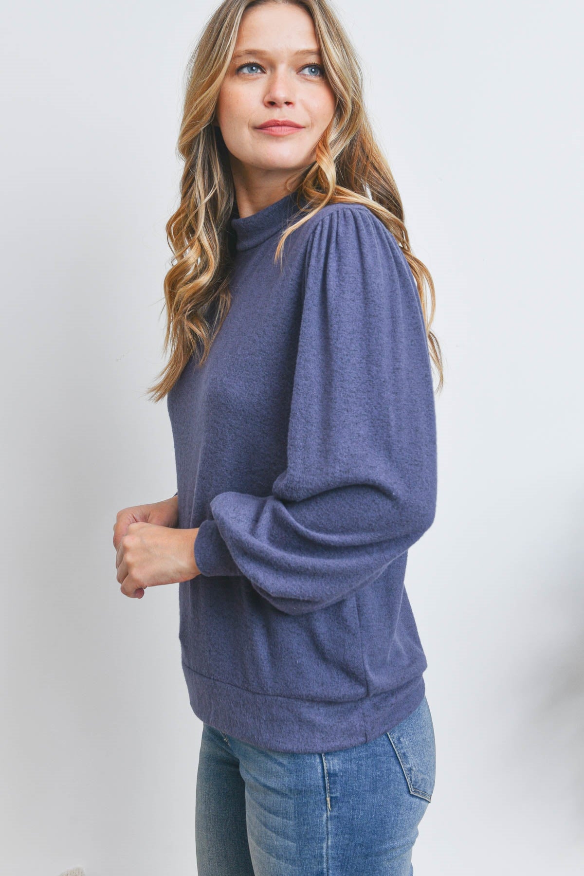 Curvy Belle Rose Mock Neck Top (Navy)