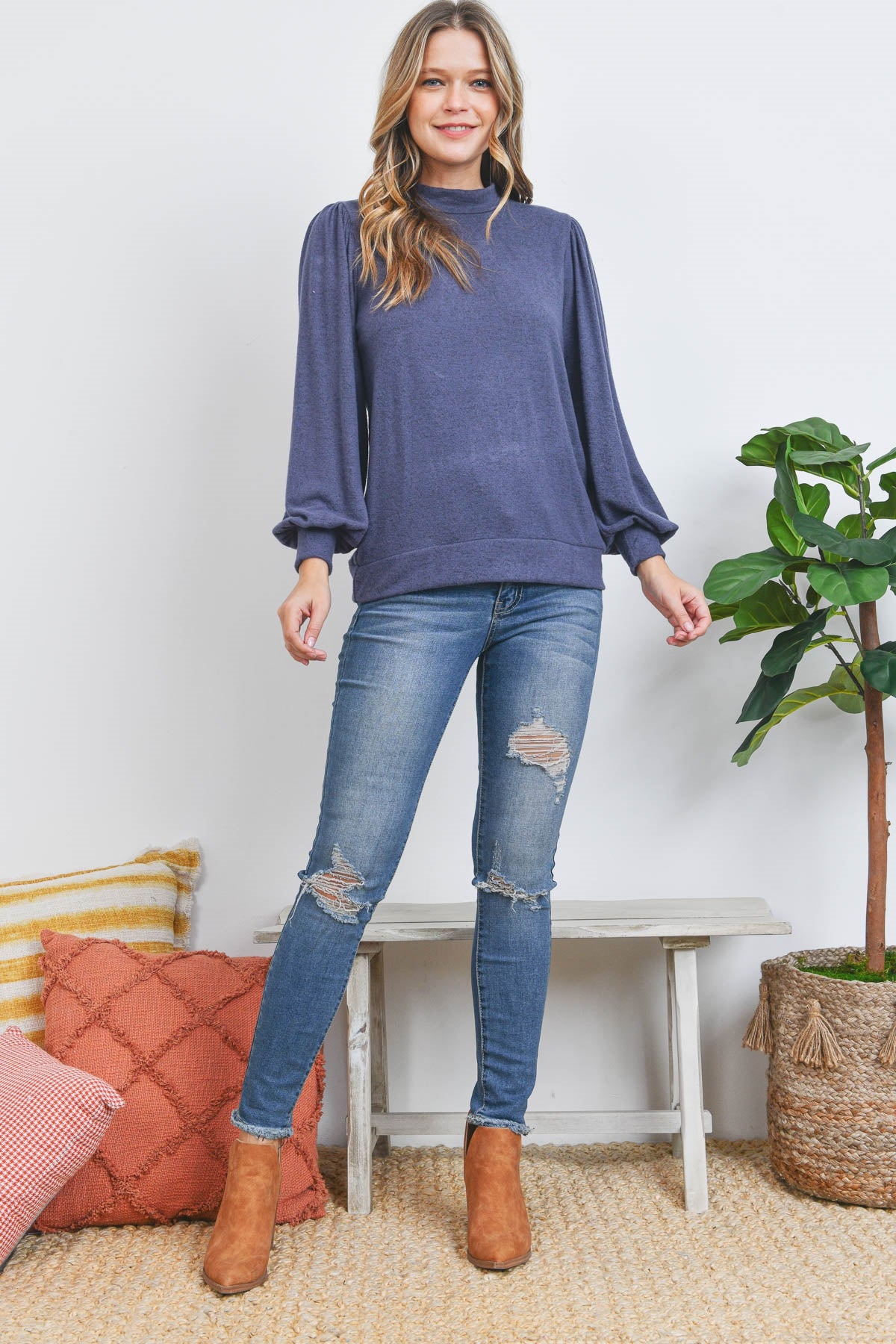 Curvy Belle Rose Mock Neck Top (Navy)