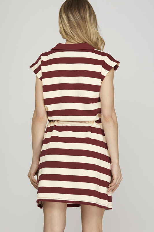 Sideline Stunner Striped Zip Dress - Garnet