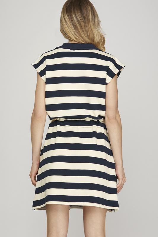 Sideline Stunner Striped Zip Dress - Navy