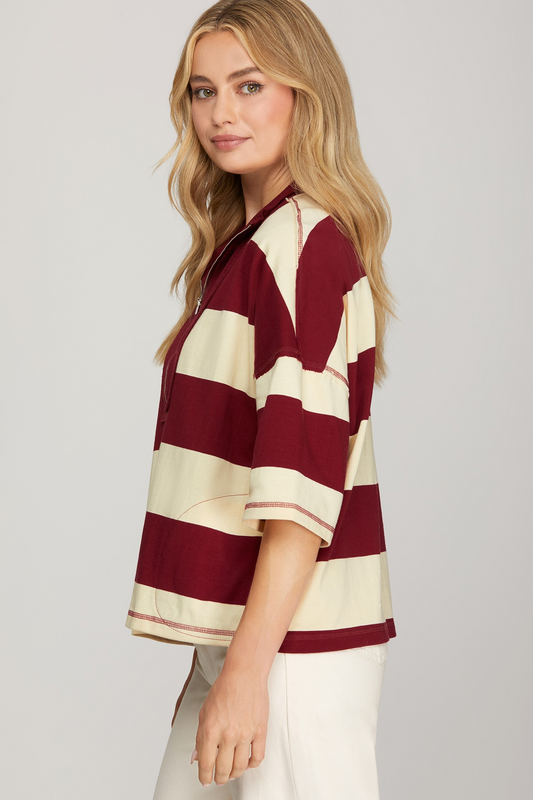Frisco Fringe Striped Zipper Top - Burgundy