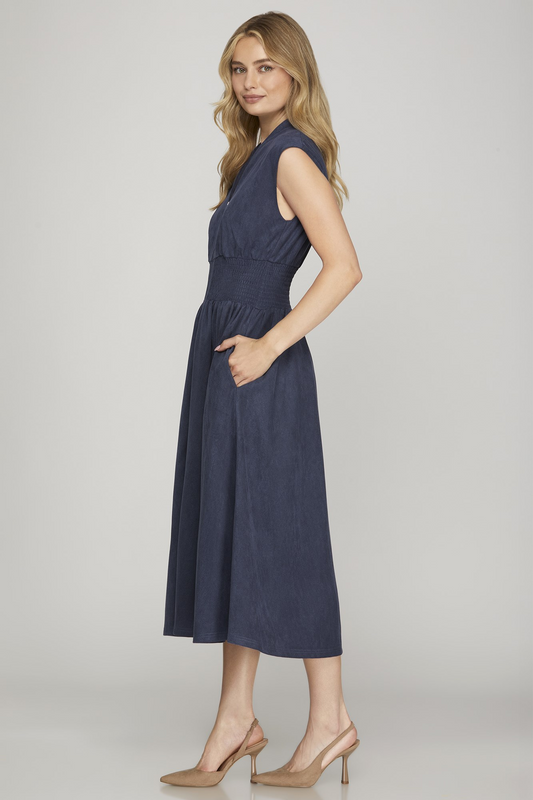 Belle Zip Front Suede Midi Dress - Denim Blue