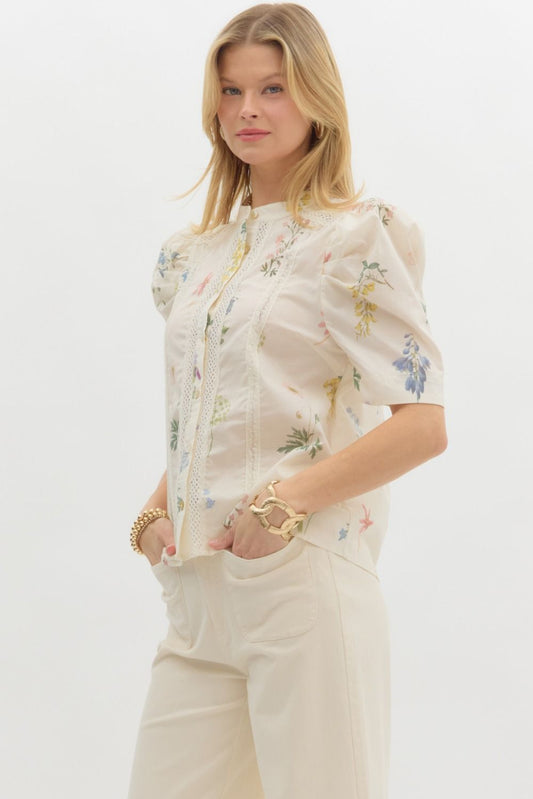 Shiloh Botanical Print Top - Cream