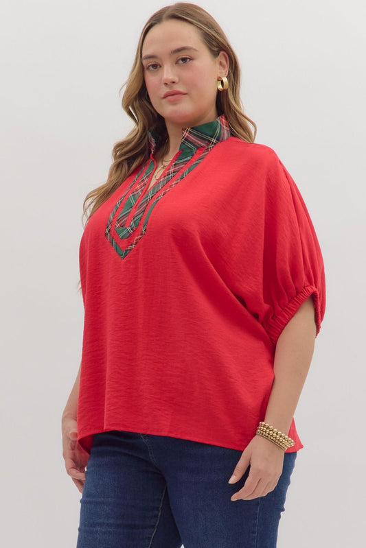 Curvy Noel Plaid Dolman Top - Red