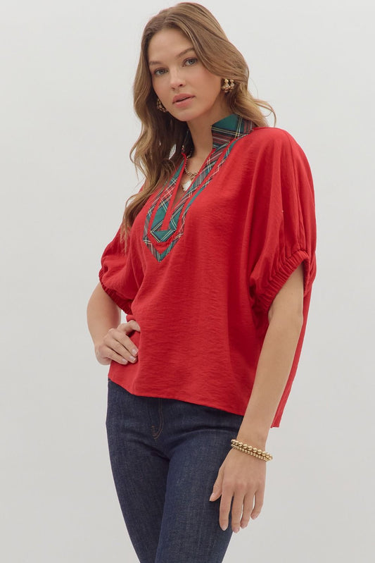 Noel Plaid Dolman Top - Red