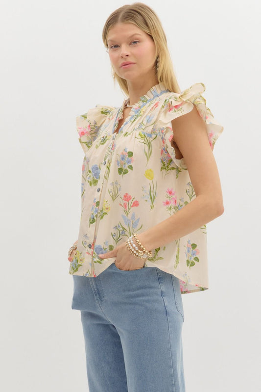 Dreamy Meadows Floral Ruffle Top - Cream