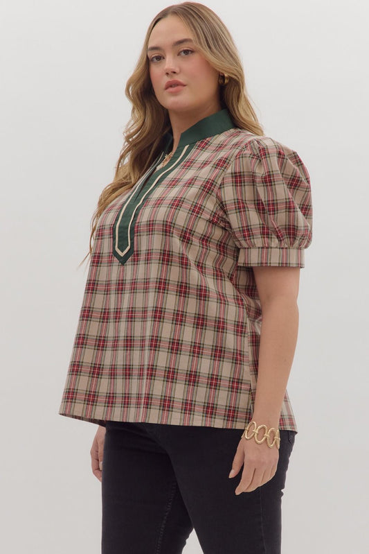 Curvy Pretty In Plaid Caftan Top - Taupe