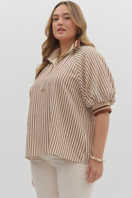 Curvy Courtyard Casual Striped Top - Caramel