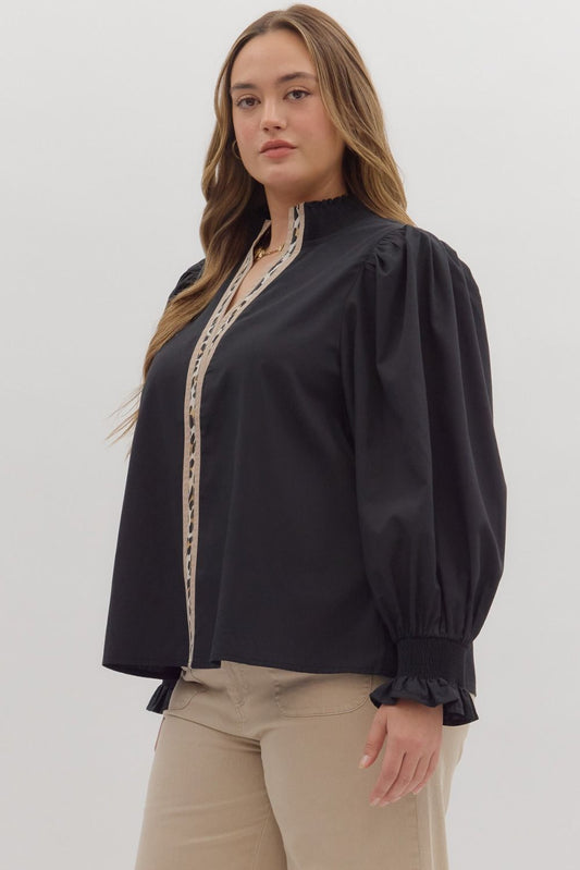 Curvy Winners Only Leopard Trim Top - Black