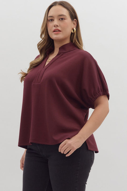 Curvy Solid Go To V Neck Top - Burgundy