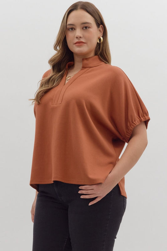 Curvy Solid Go To V Neck Top - Clay