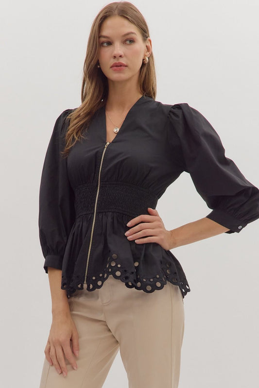 Maureen Smocked Waist Top - Black