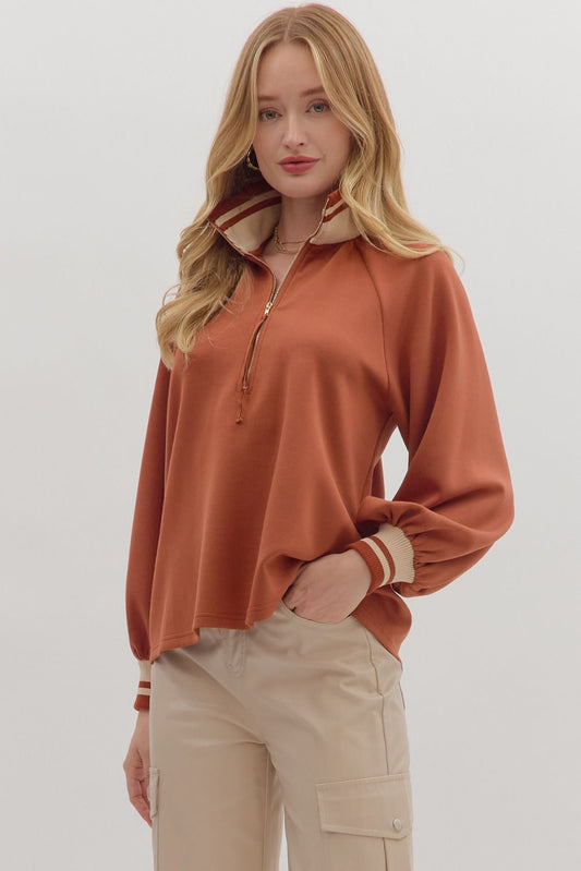 Chestnut Half Zip Striped Contrast Top - Clay