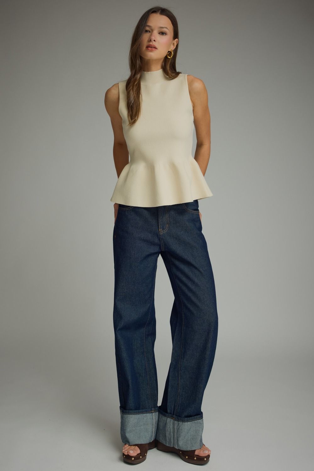 The Ecru Finesse Top | Sleeveless Mock Neck Peplum Top