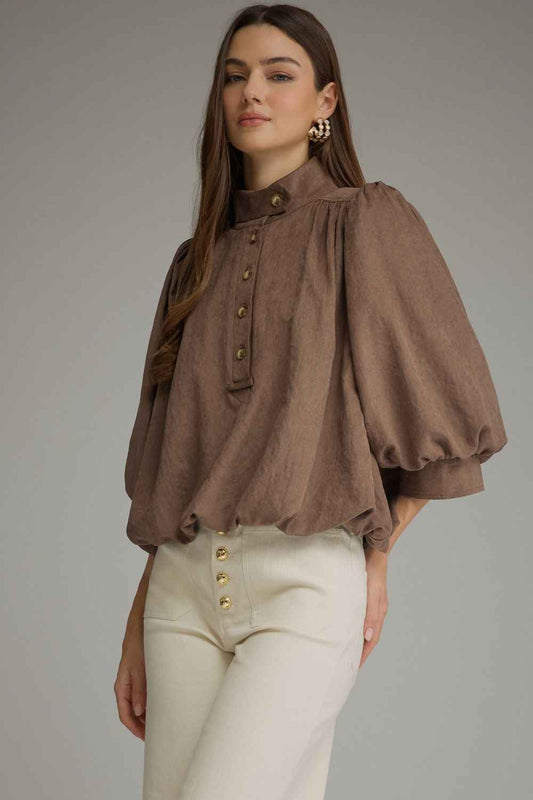 The Mocha Reverie Top | Balloon Sleeve Bubble Hem Blouse