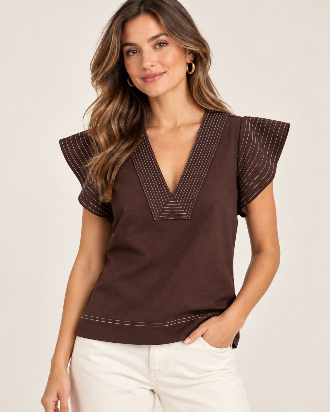 The Cocoa Contrast Top | Faux Suede V-Neck Flutter Sleeve Top