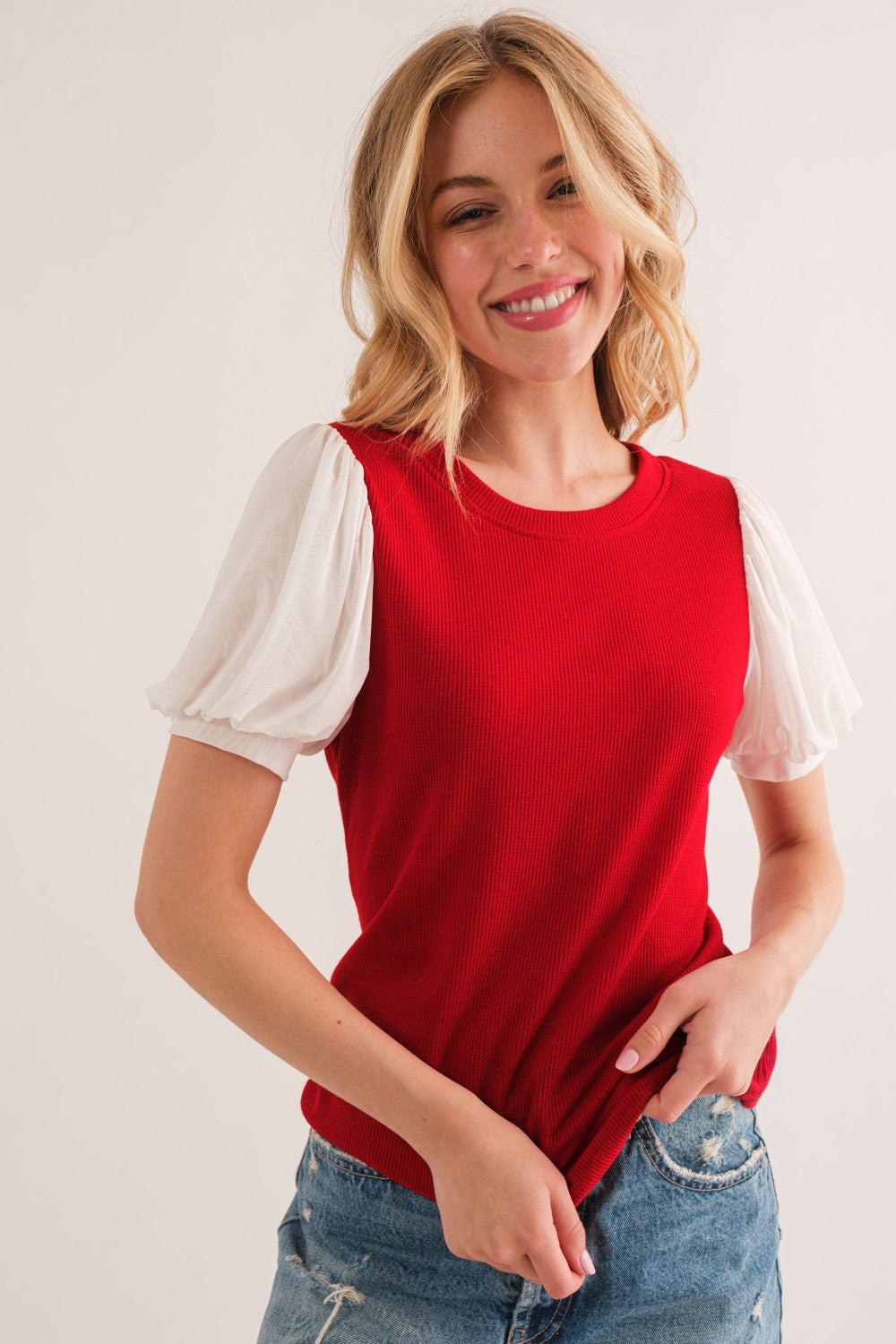 On The Carry Puff Sleeve Top (Red/White)