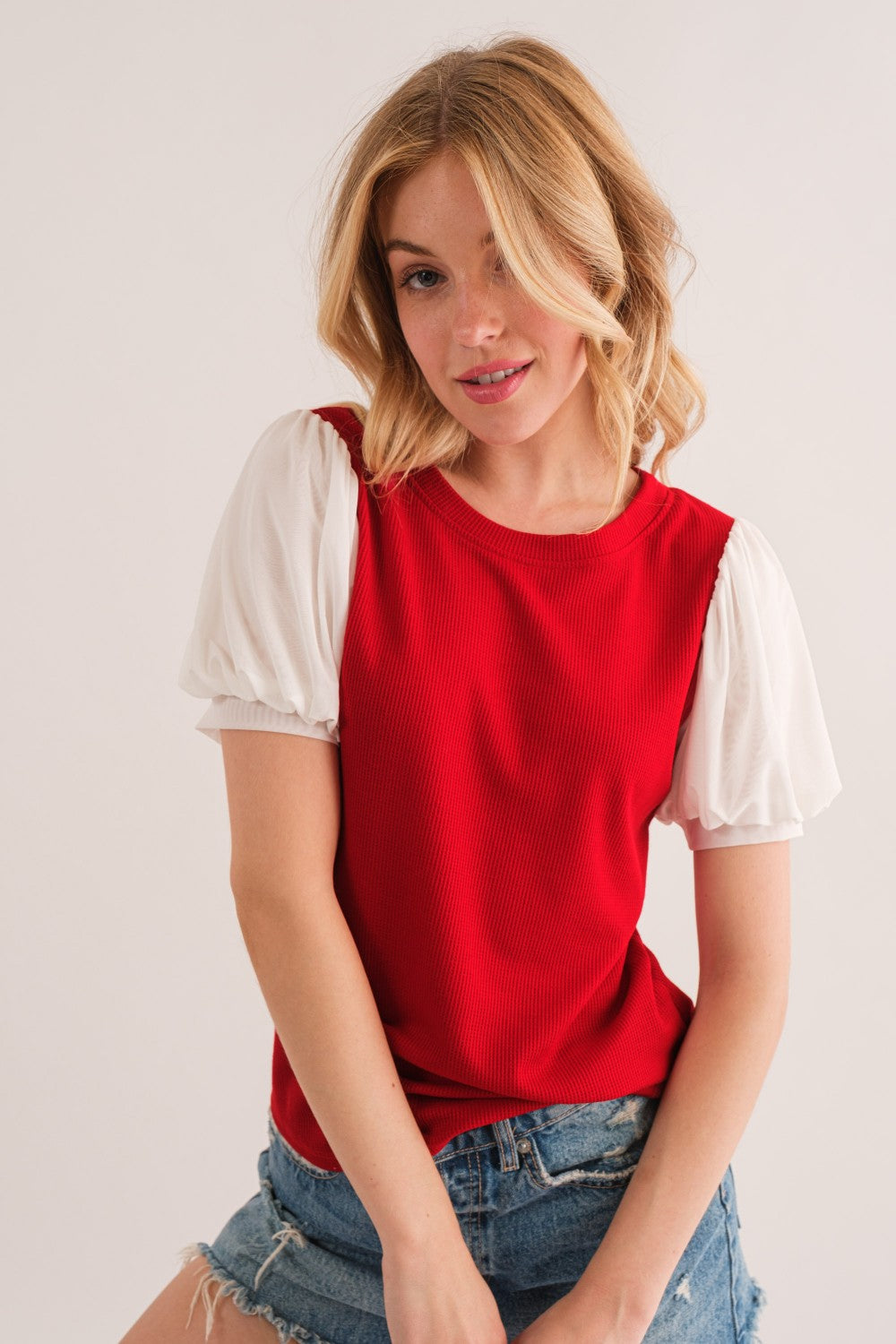 On The Carry Puff Sleeve Top (Red/White)