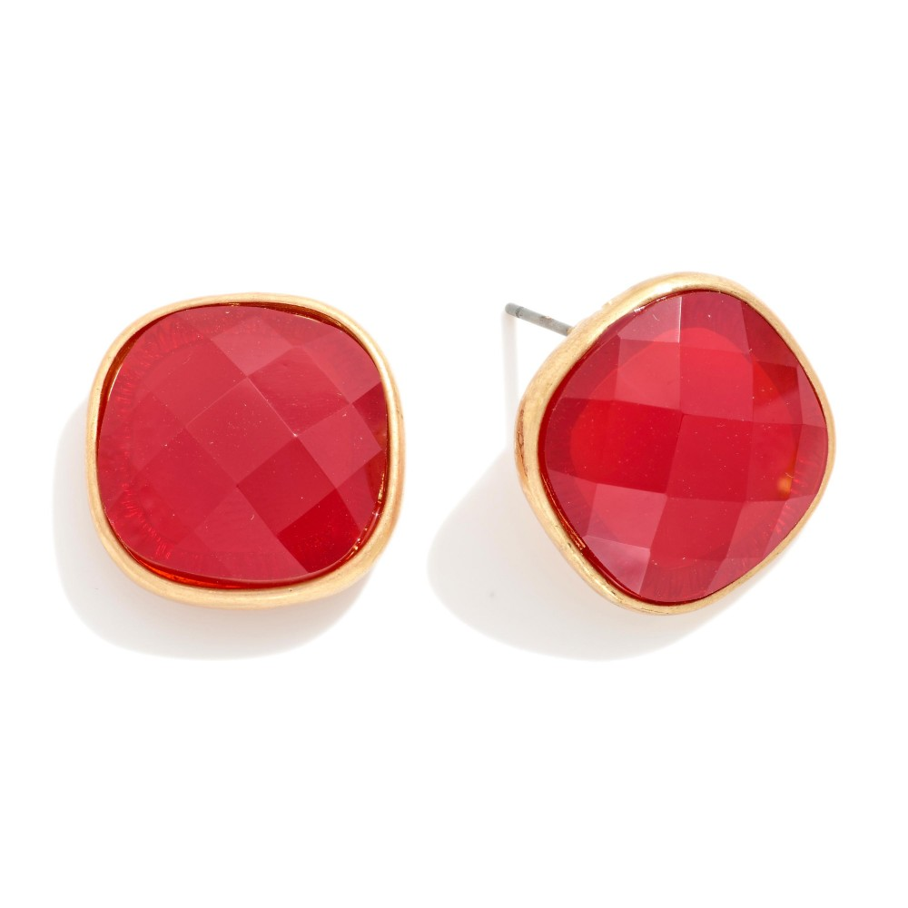 Cushion Cut Gemstone Stud Earring - Ruby