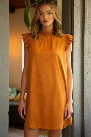 Willa Suede Ruffle Sleeve Dress (Camel)