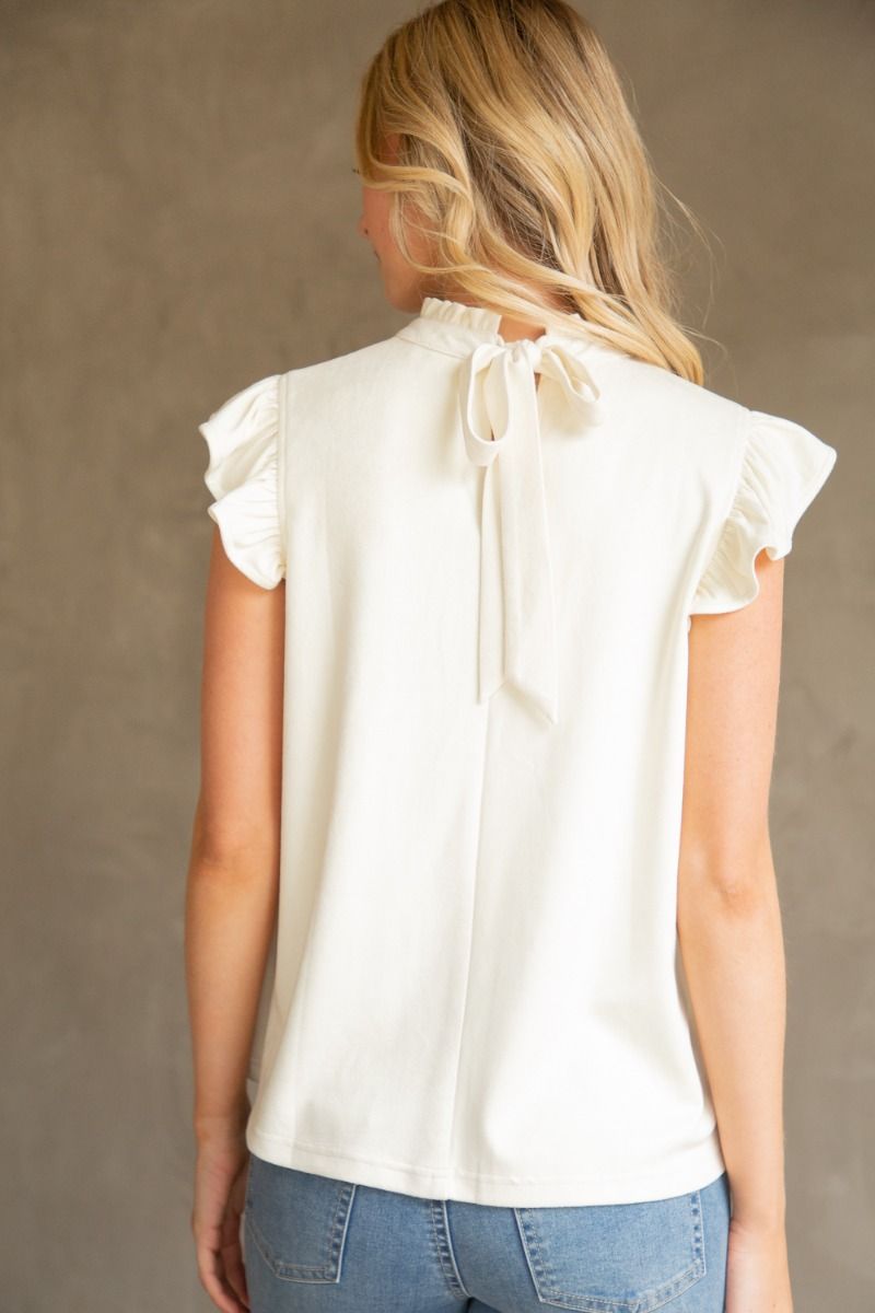Daphne Suede Ruffle Sleeve Top (Cream)