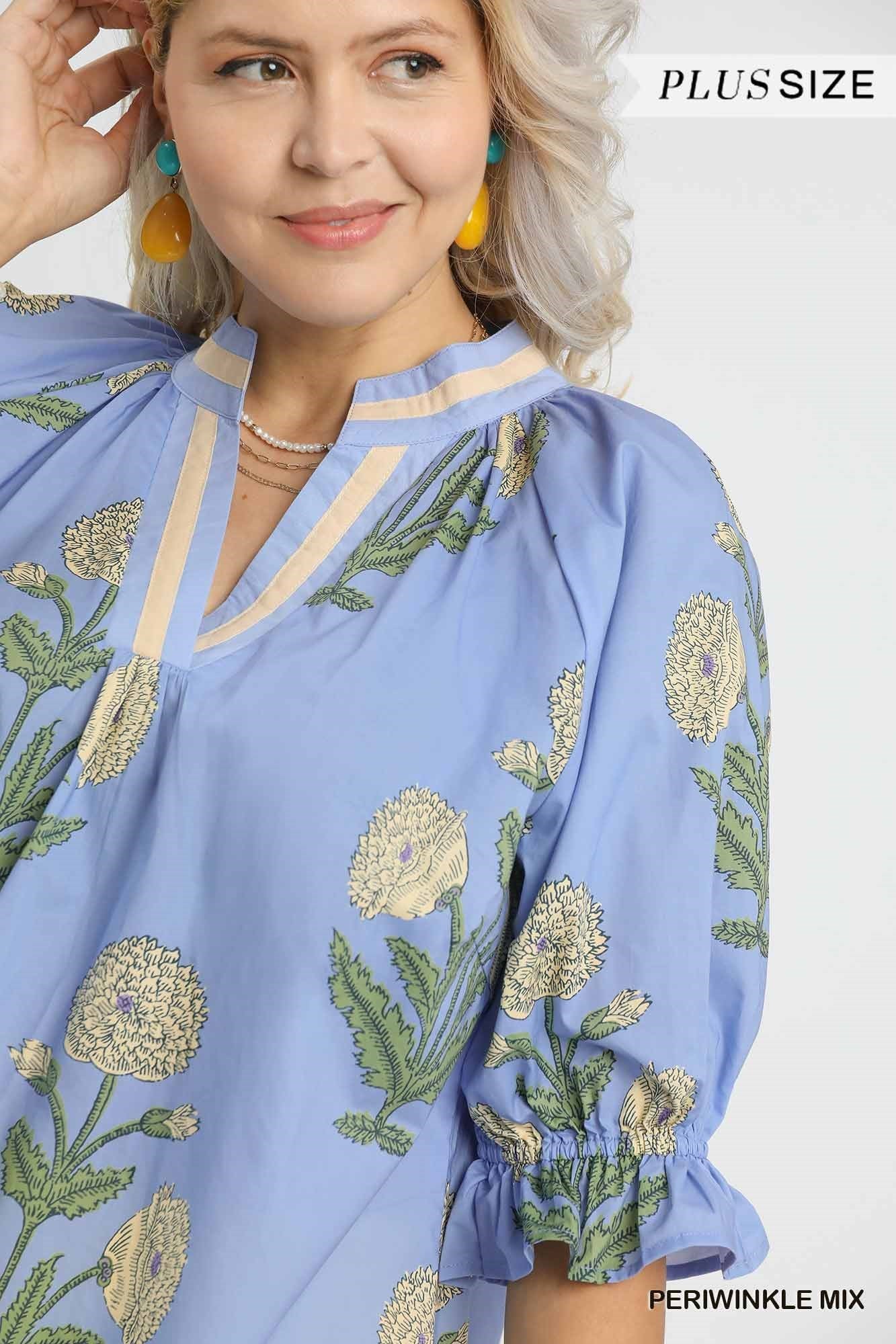 Curvy Eden Floral Puff Sleeve Top - Blue