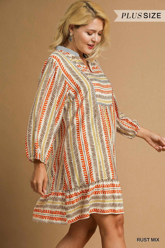 Curvy Southwest Mix Babydoll Dress (Rust)