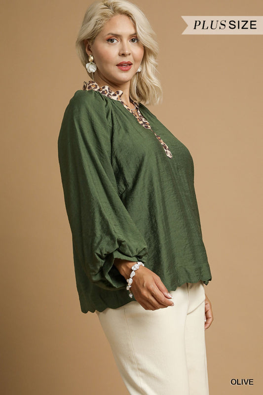 Curvy Daring Diva Leopard Trim Top - Olive