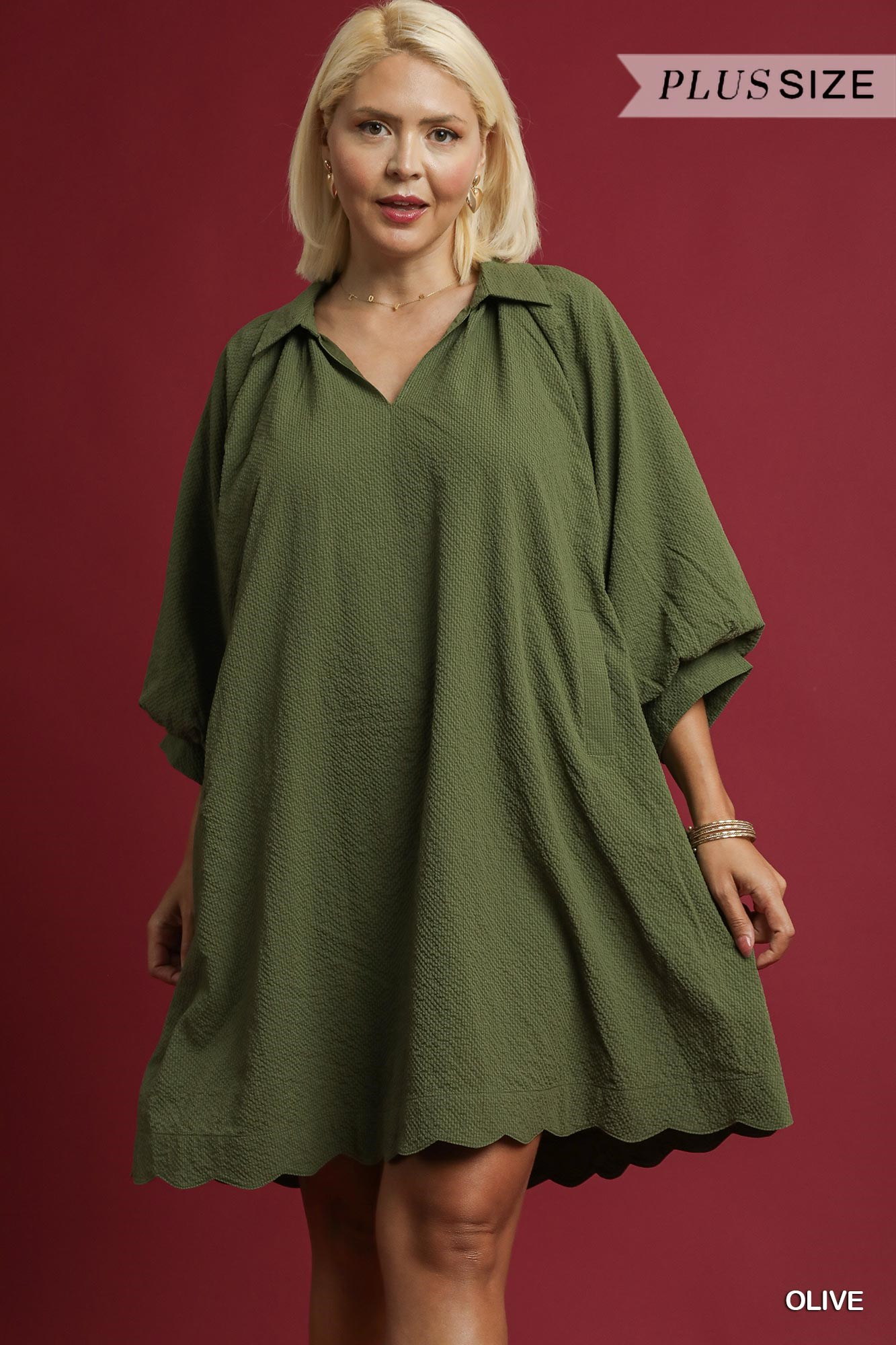 Curvy Casual Chats Scallop Hem Dress - Olive