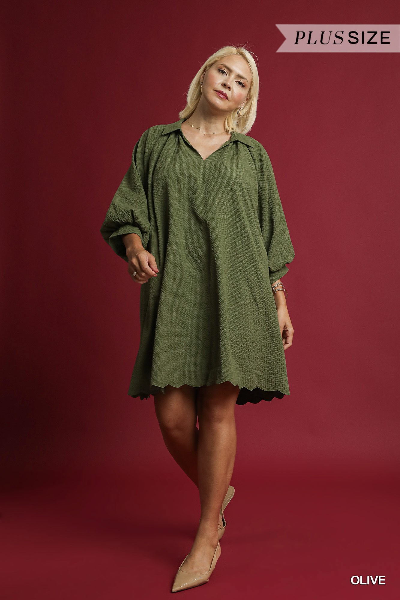 Curvy Casual Chats Scallop Hem Dress - Olive