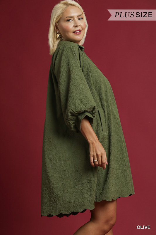 Curvy Casual Chats Scallop Hem Dress - Olive