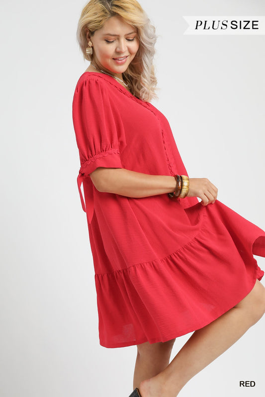 Curvy Arden Button Down Scalloped Dress - Red