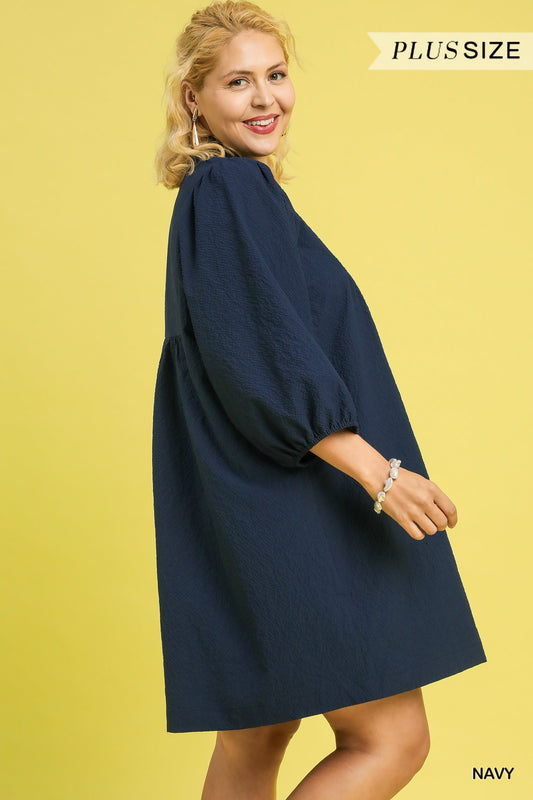 Curvy Lynlee Textured Babydoll Dress - Navy