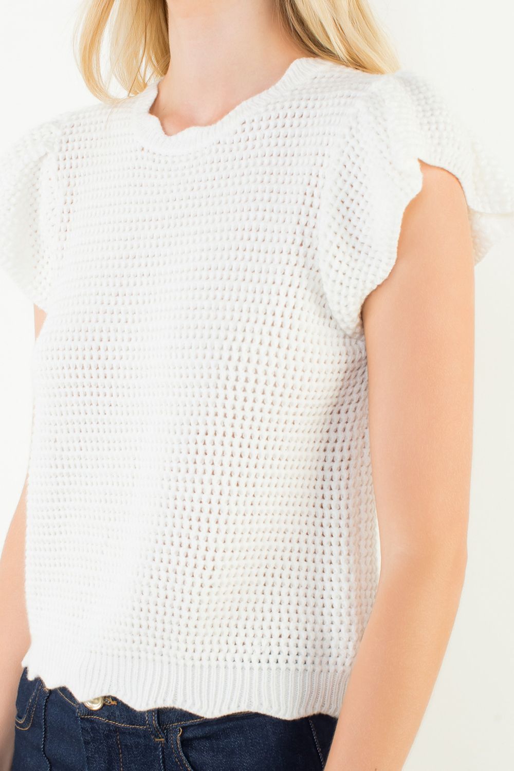 Pointelle Crochet Scallop Hem Top - White - Delta Swanky Girl